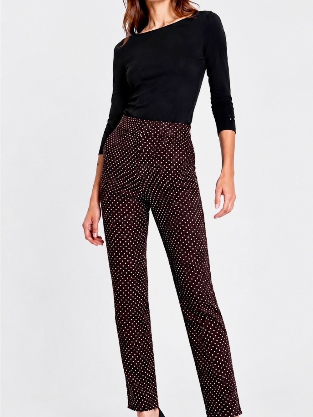 CHICOS Fabulously Slimming Stretch Chocolate Brown White Polka Dot Cropped Pants